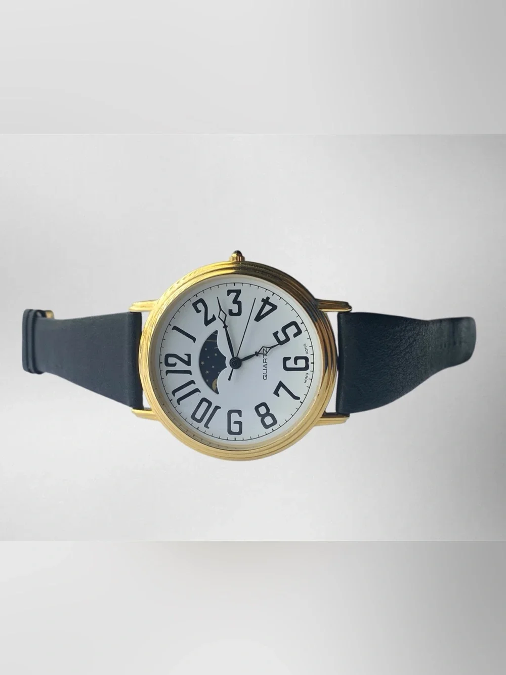 Classic Black Leather Gold-Tone Quartz Watch with Moonphase Dial, Unisex